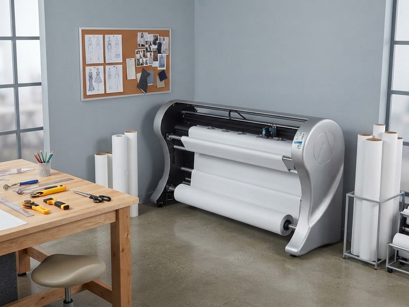 Estúdio de modelagem com plotter de corte, mesa de trabalho e painel de croquis